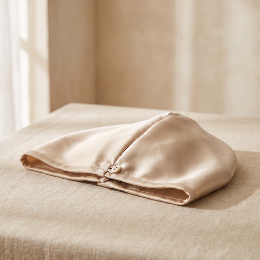 Champagne silk hair towel wrap turban with button fastening on linen