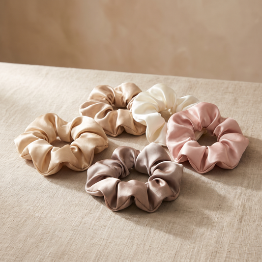 Set of six mulberry silk scrunchies in champagne and neutral tones