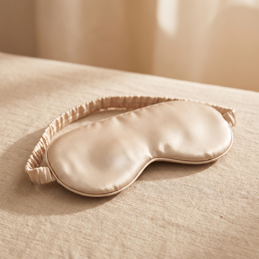 Champagne mulberry silk sleep mask with adjustable strap on linen