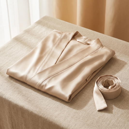 Champagne 19 momme mulberry silk robe folded flat with tie belt