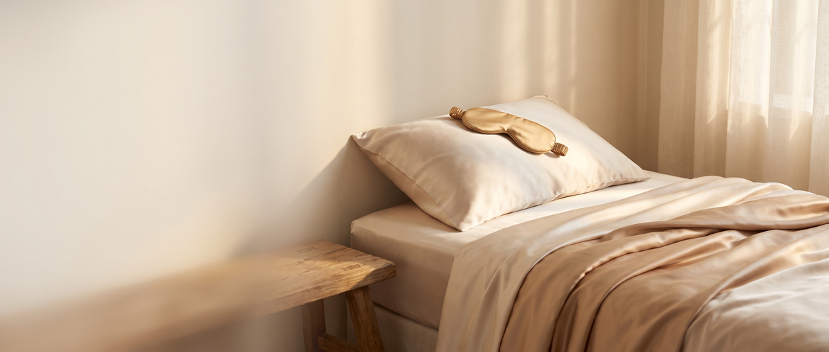 Mulberry silk bedding in warm morning light, Luksav Silk Sleep collection banner